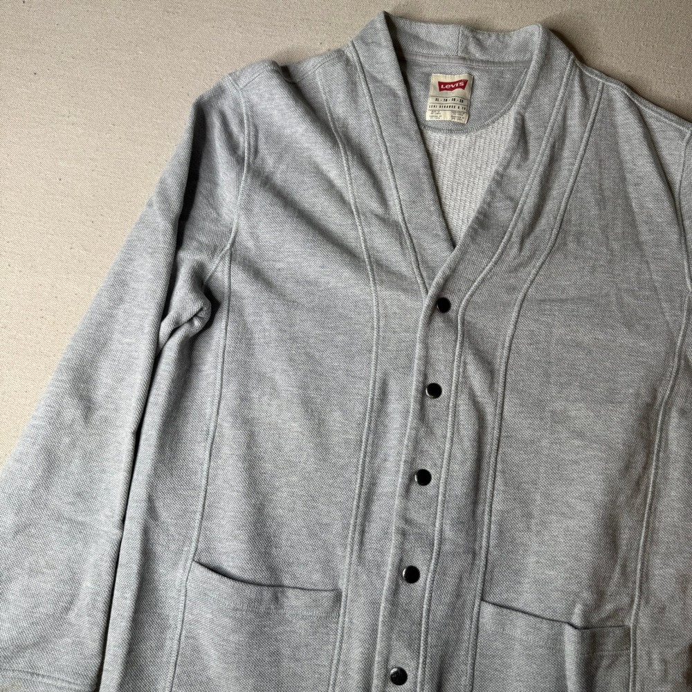 Levis Mens XL Heather Gray Cotton Snap Front Cardigan Sweater V-Neck Waffle Knit